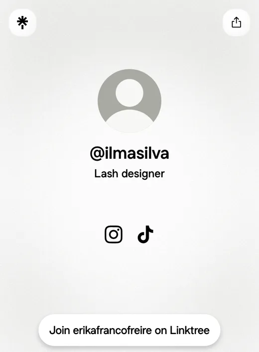 Linktree aberto pelo link da bio da Dra. Erika mostrando @ilmasilva Lash designer